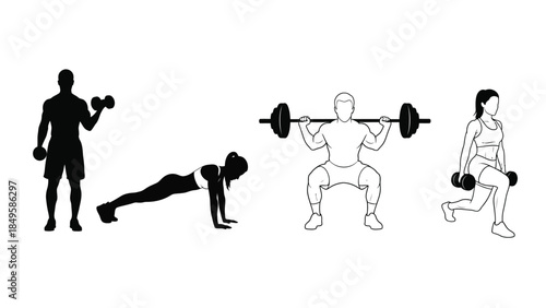 Collection of black and white fitness icons illustrating various strength training exercises for a complete workout routine