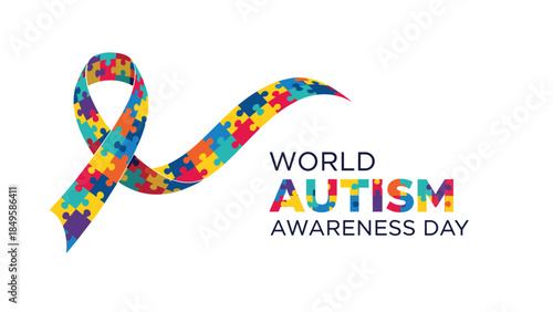 A banner for World Autism Awareness Day featuring a colorful puzzle piece ribbon and vibrant text on a clean white background.