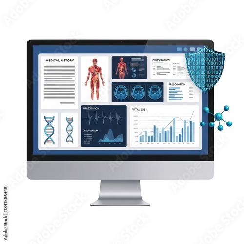 Computer screen displaying medical data analysis and security shield isolated on transparent background