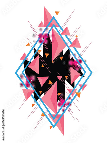 Abstract Geometric Composition with Pink Triangles and Diamond Shapes.