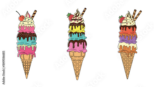 A set of three towering ice cream cones with multiple colorful scoops, chocolate drip, sprinkles, and fruit toppings on a white background.