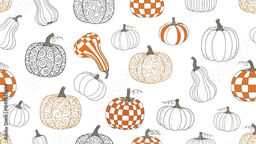 A seamless autumn pattern of various hand-drawn pumpkins in different shapes and with creative patterns like spirals and checkerboards.