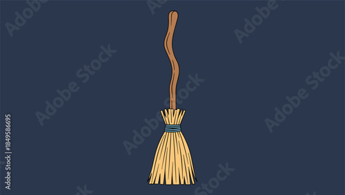 A simple hand-drawn illustration of a classic witch's broom with a crooked wooden handle and straw bristles, on a dark blue background.