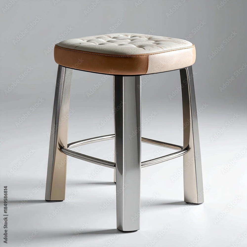 Fototapeta premium Modern, light-tan leather stool with stainless steel legs. A square seat with quilted tufting