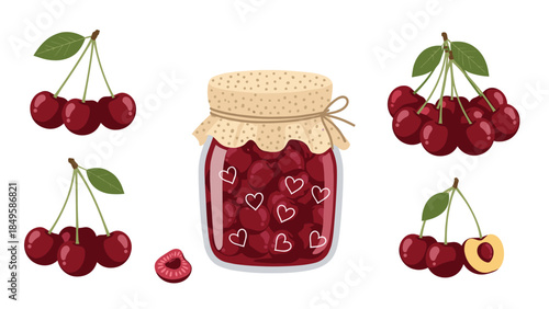 A charming set of illustrations featuring a glass jar of homemade cherry jam with hearts and fresh cherries on a white background.