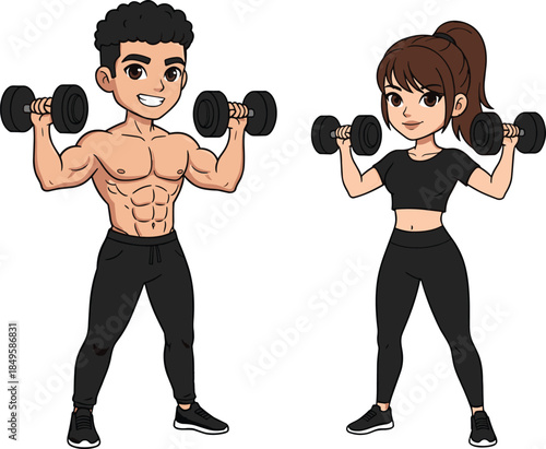 Cartoon fitness characters lifting dumbbells, male and female in shoulder press pose, workout training concept, flat vector illustration