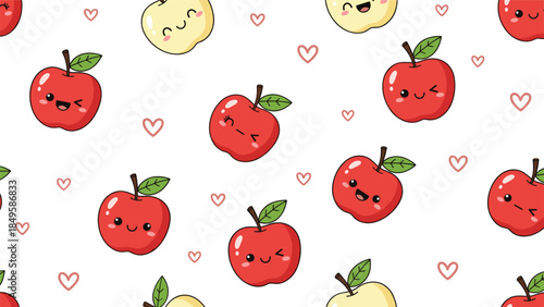An adorable seamless pattern of red and yellow kawaii apples with cute smiling faces, surrounded by small pink hearts on a white background.