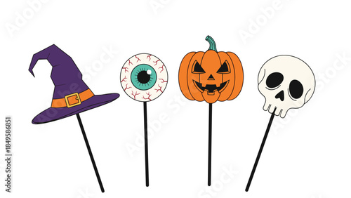 A fun set of Halloween photo booth props on sticks, including a witch hat, a creepy eyeball, a jack-o-lantern, and a skull.