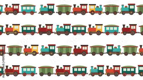 A cute and colorful seamless border pattern of a toy train with steam locomotives and wagons, perfect for children's room decorations.