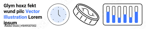 Clock represents time, coin symbolizes economy and value, and test tubes indicate science and research. Ideal for time management, finance, experiments, learning, innovation, science simple landing