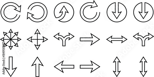 Arrow direction icon set featuring circular arrows, straight arrows, split arrows, up and down symbols, navigation signs, directional indicators, outline arrow collection
