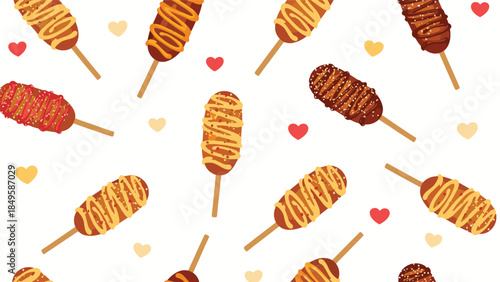 Playful seamless pattern of delicious Korean corn dogs with mustard and cheese sauce, decorated with cute red and yellow hearts on a simple white background.