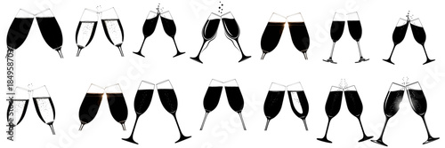 Champagne Glasses Clinking Vector Set with Liquid and Bubbles for Celebrations