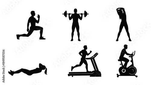 Collection of six black silhouette icons depicting various fitness activities including weightlifting running stretching and cycling exercises