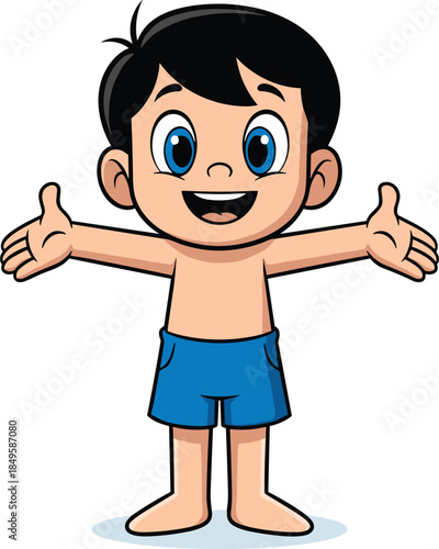 Cartoon boy character with open arms, cheerful expression, black hair, blue eyes, kids design concept, flat vector illustration