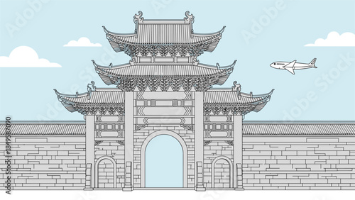 Line art illustration of a traditional Chinese paifang gate and wall, representing a historic landmark with an airplane flying in the blue sky above.