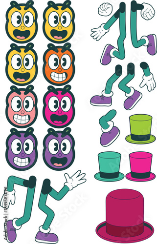 Retro rubber hose character constructor kit with vintage cartoon faces arms legs and top hats for creative mascot design nostalgic 1930s animation style illustration for branding and marketing