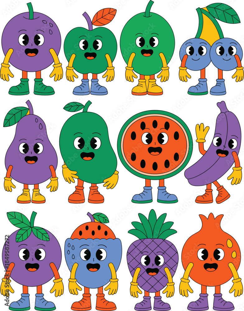 Obraz premium Retro cartoon fruit characters with happy faces standing in rows on yellow background colorful 1930s rubber hose animation style mascot collection for healthy food branding and fun kids design