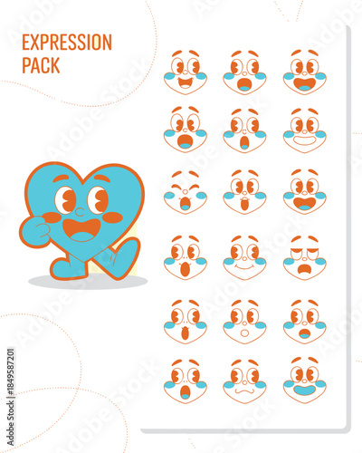 Retro heart character expression pack with cute mascot faces showing various emotions and moods for social media branding and creative sticker design in a vintage rubber hose animation style