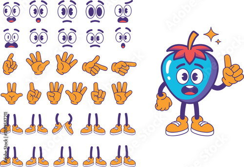 Retro cartoon strawberry character kit with different facial expressions hand gestures and leg poses for animation creation and mascot design vintage rubber hose style vector illustration set