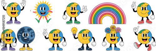 Retro cartoon earth globe characters set with smiling sun and rainbow in vintage rubber hose style for environmental education world earth day awareness and sustainable ecology branding design