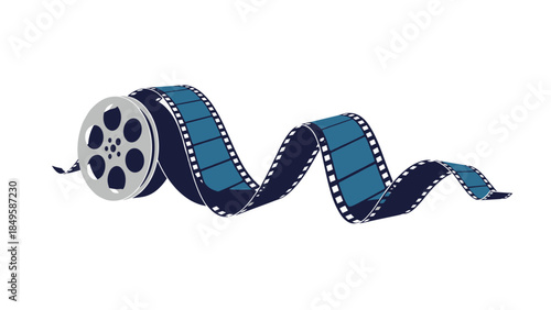 A classic illustration of a spiraling strip of cinema film unspooling from a metal reel, representing movies, filmmaking, and the entertainment industry.
