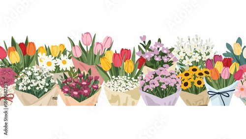 A beautiful and seamless horizontal border composed of various colorful flower bouquets including tulips, daisies, and sunflowers, wrapped in craft paper.