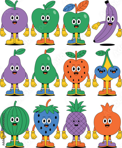 Retro cartoon fruit characters collection with funny smiling faces and vintage rubber hose style for healthy eating education and organic food marketing on vibrant yellow background illustration
