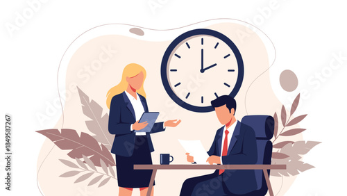 A modern flat vector illustration of a professional business meeting, with a female manager instructing a male employee sitting at his desk with a large clock.