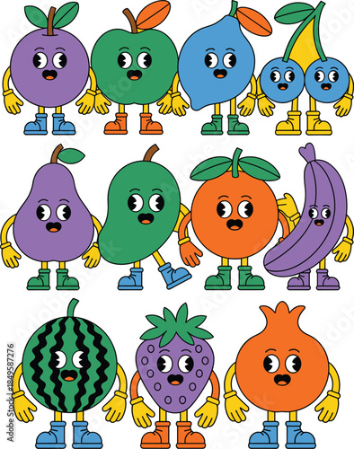 Retro cartoon fruit characters collection with cute faces standing together on yellow background for fun food marketing vibrant healthy lifestyle concept and playful nursery wall art design