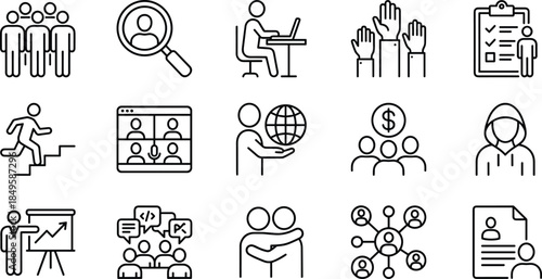 Business team icons showing collaboration, recruitment, leadership, global communication, analytics, teamwork, employee growth, online meetings, support, career development, networking symbols