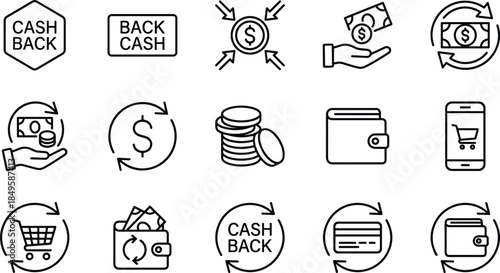 Cashback and money refund line icons collection showing wallet, coins, shopping, credit card, dollar symbol, financial return, mobile payment and savings concepts