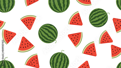 A fun and refreshing seamless summer pattern featuring whole watermelons and juicy red slices scattered across a simple and clean white vector background.