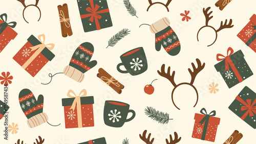 A cozy and festive seamless Christmas pattern with winter elements like gifts, mittens, mugs of hot cocoa, and reindeer antlers on a beige background.