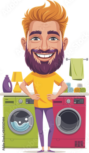 Happy bearded man character doing laundry with washing machine and dryer in laundry room cartoon illustration of smiling male homeowner managing household chores and domestic work at home service