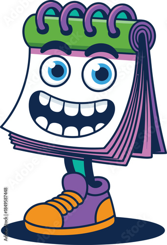 Cute cartoon calendar character with happy face and sneakers standing on green background for business planning schedule organization and time management concept marketing school education mascot