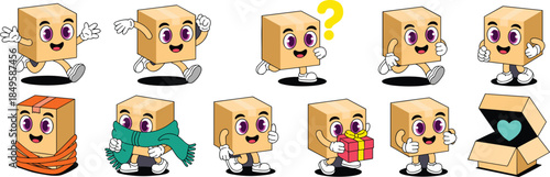 Cute cardboard box character set with funny facial expressions for delivery logistics and shipping service mascot collection ecommerce packaging branding and creative mail marketing concept