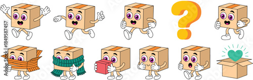 Cute cardboard box character mascot set with various emotions and actions for delivery logistics service and shipping industry marketing material e-commerce package tracking concept illustration