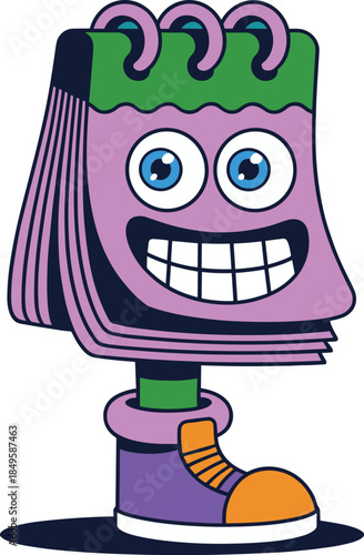 Funny cartoon calendar character with smiling face and sneaker footwear planning schedule for business organization and time management mascot illustration for school office marketing design