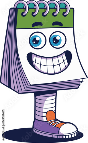 Happy calendar character cartoon illustration with big smile standing on one foot for scheduling time management concept project productivity app design business planning and educational marketing