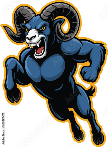 Angry blue ram mascot jumping for sports team logo design featuring muscular ram character with large horns professional eSports gaming icon fierce mountain goat vector illustration for branding