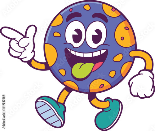 Funny cartoon planet character with spots pointing finger and walking with happy expression for children educational content space astronomy mascot illustration for playful branding and design