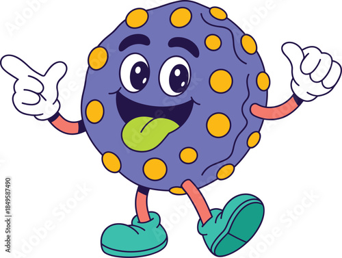 Retro cartoon character illustration of a happy purple monster with yellow spots pointing and giving thumbs up in a playful 90s aesthetic style for creative branding and social media marketing