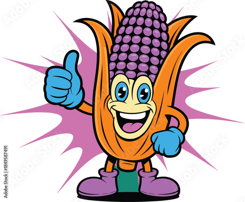 Funny cartoon purple corn character giving thumbs up with happy face for healthy eating and organic farming mascot illustration vibrant food marketing asset for children education and snacking