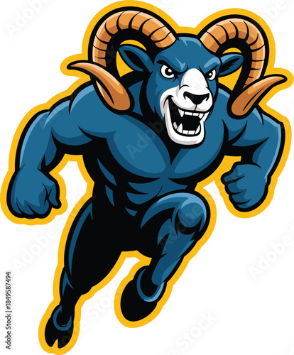 Aggressive ram mascot character charging forward with muscular body and large horns blue bighorn sheep sports logo illustration for high school college team branding and athletic competition