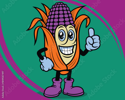 Funny purple corn cob character mascot giving a thumbs up gesture for agriculture marketing healthy food branding and organic farming promotion mascot illustration for children nutrition education