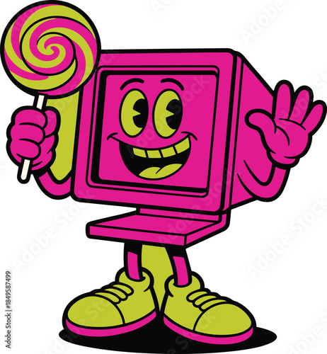 Pink retro computer character holding lollipop candy waving hand on green background vintage rubber hose cartoon illustration nostalgic tech mascot for creative branding and digital marketing art