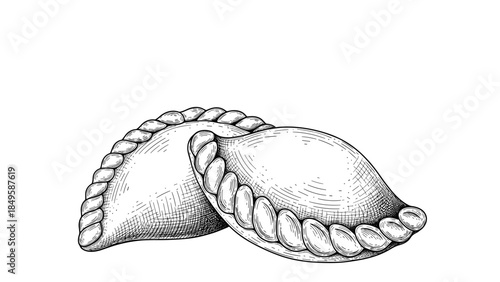 A classic black and white sketch illustration of two savory empanadas, showcasing their detailed, braided crusts in a vintage, hand-drawn engraving style.