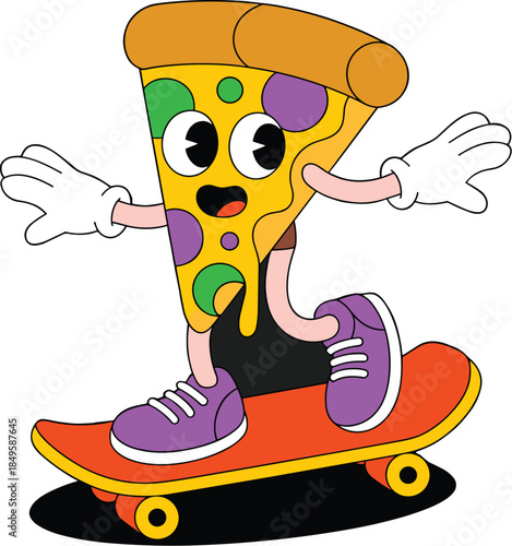 Retro cartoon pizza slice character riding a skateboard on black background vintage 1930s rubber hose style mascot illustration for fast food branding restaurant marketing and streetwear design