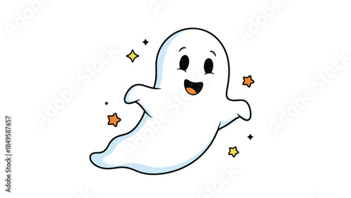 An adorable and friendly cartoon ghost floating happily with sparkling stars around it, perfect for cute Halloween decorations or a friendly mascot design.
